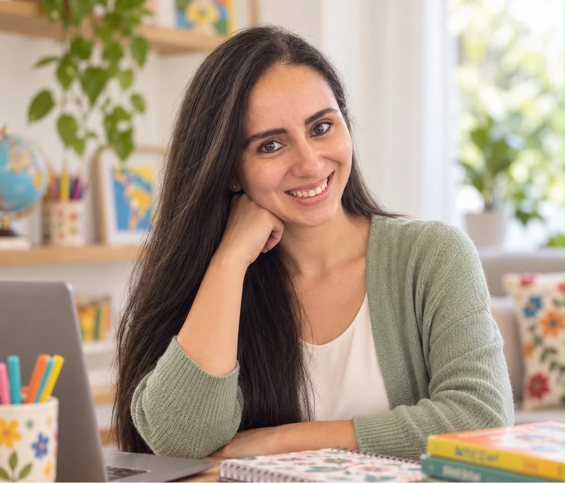Anlly Nelson smiling in a bright study space for Hola Let’s Go Spanish Tutoring